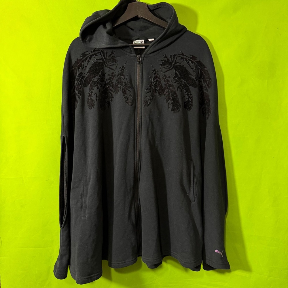 Puma Womens Black Flocked Feather Zip Up Hooded Cape Poncho Sweatshirt Small